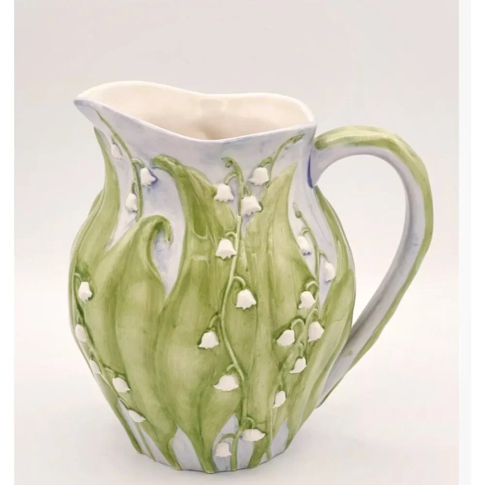 Inspirado Lily of the Valley Ceramic Pitcher Embossed Floral Hand Painted - Picture 2 of 13
